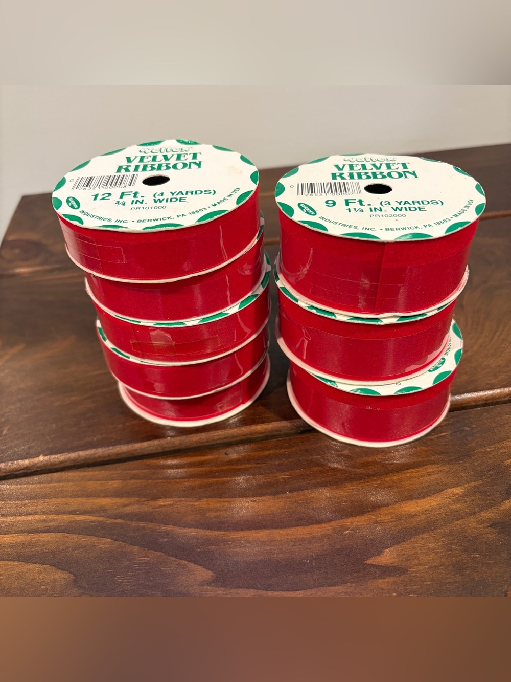 NEW LOT OF 8 VELVET VELTEX RED RIBBON (5) 3/4”& (3) 1 1/4” CHRISTMAS
